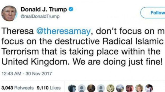 Tweet Donald Trump kepada PM Inggris