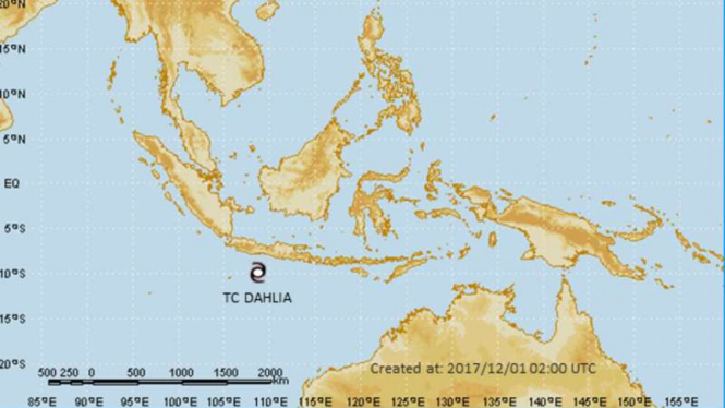 Posisi Siklon Tropis Dahlia berada di perairan Samudera Hindia di Selatan Jawa tengah, Jumat (1/12/2017)