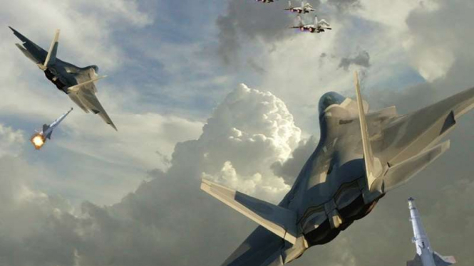 Ilustrasi pertarungan udara (dog fight) dua jet tempur siluman, Su-57 Rusia dan F-22 AS.