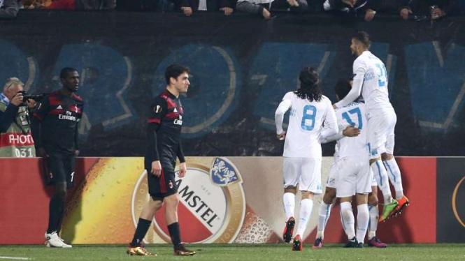 Selebrasi gol para pemain Rijeka usai bobol gawang AC Milan.