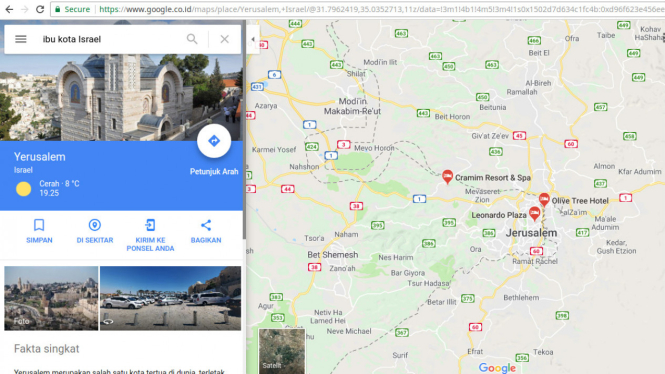 Hasil pencarian ibu kota Israel di Google Maps
