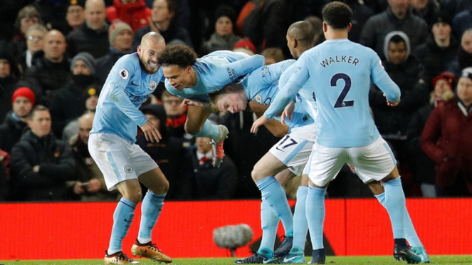 Pemain Manchester City merayakan gol ke gawang Manchester United