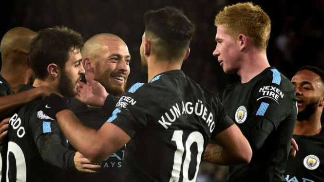 Pemain Manchester City rayakan gol David Silva dalam laga Premier League