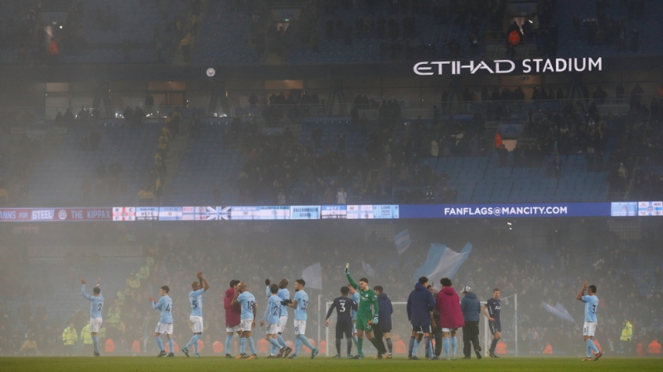 Pemain Manchester City merayakan kemenangan atas Tottenham Hotspur