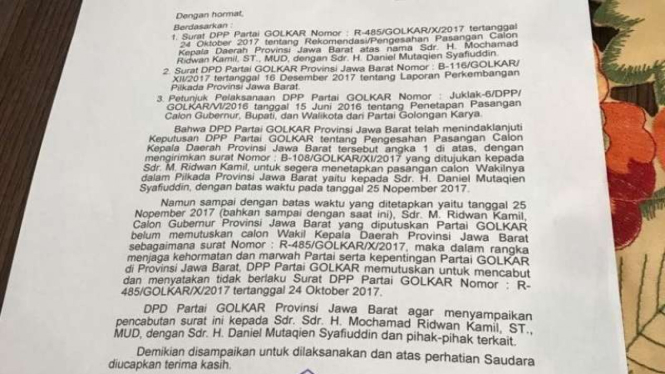 Dokumen Partai Golkar cabut dukungan ke Ridwan Kamil.
