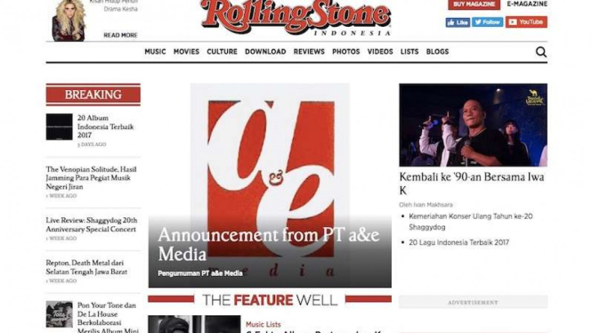 Tampilan depan website Majalah Rolling Stone Indonesia