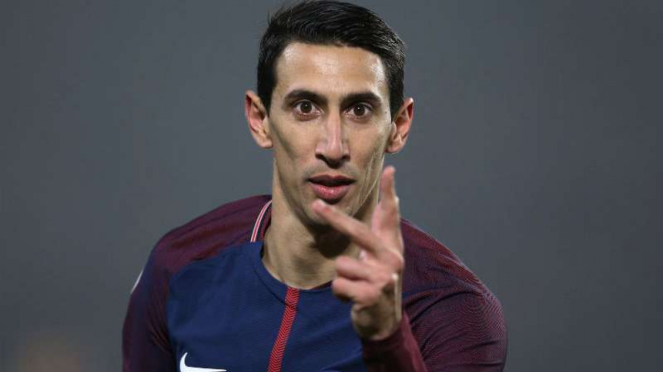 Winger Paris Saint-Germain, Angel Di Maria, saat rayakan gol.