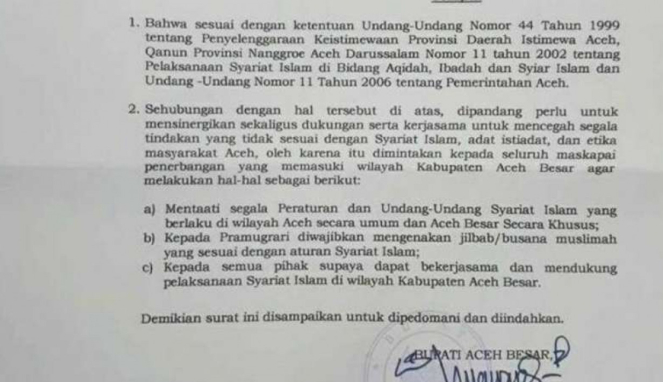 Surat edaran pramugari berpakaian muslimah di Aceh Besar
