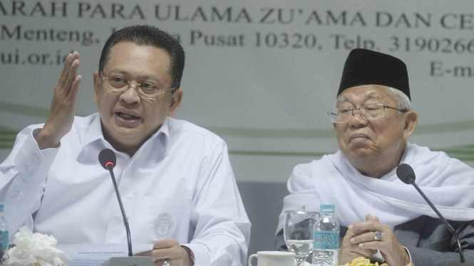 Ketua DPR Bambang Soesatyo (kiri) dan Ketua MUI Ma'ruf Amin (kanan)