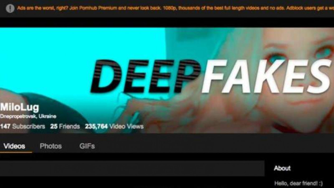 Tampilan video Deepfakes di situs Pornhub.