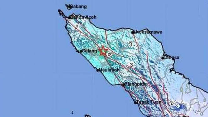Peta lokasi pusat gempa 5,1 SR di darat Aceh Barat.
