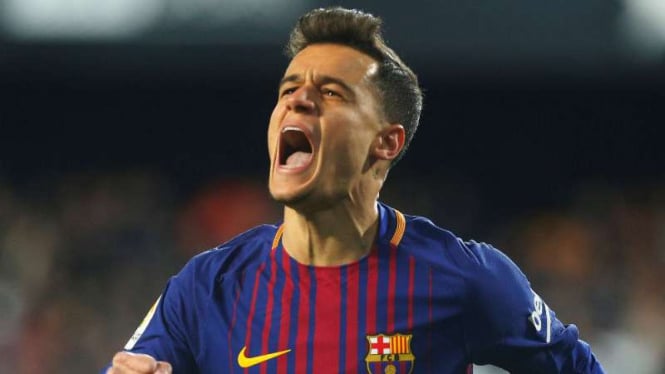 Gelandang Barcelona, Philippe Coutinho saat rayakan gol.