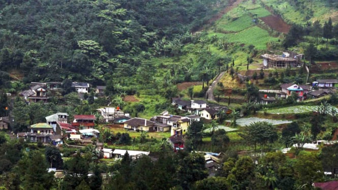 Suasana pemukiman warga dan bangunan vila di kawasan Puncak, Bogor