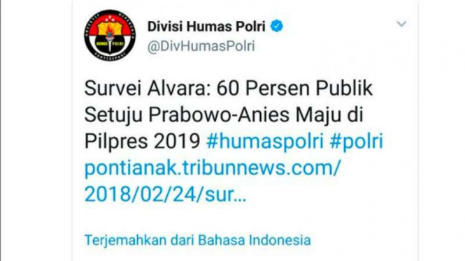 Screenshot akun resmi Twitter Divisi Humas Mabes Polri