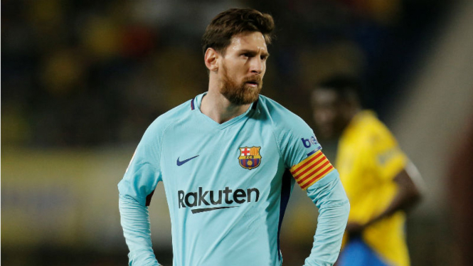 Ekspresi megabintang Barcelona, Lionel Messi, saat ditahan imbang Las Palmas 