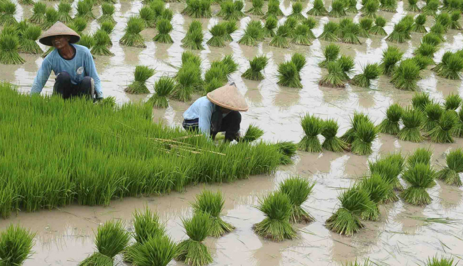 Petani mencabutil bibit padi di area persawahan Desa Kalidoro, Pati
