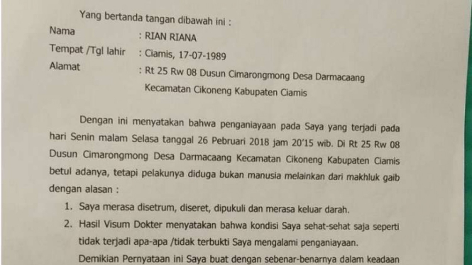 Surat pernyataan ustadz Rian yang mengaku diserang makhluk gaib.