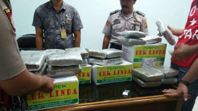 Kotak Pempek berisi ganja kering yang akan dikirimkan dari Palembang