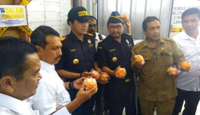 Petugas gabungan perlihatkan jeruk Mandarin impor dari China.