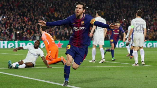 Pemain Barcelona, Lionel Messi, merayakan gol ke gawang Chelsea