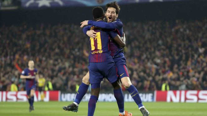 Selebrasi gol Barcelona di pertandingan Liga Champions