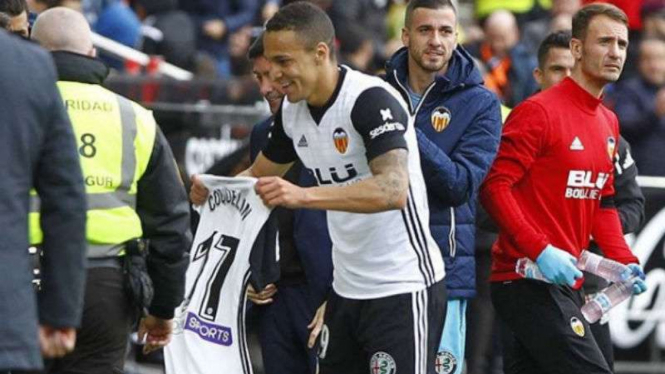 Striker Valencia, Rodrigo Moreno saat merayakan gol.