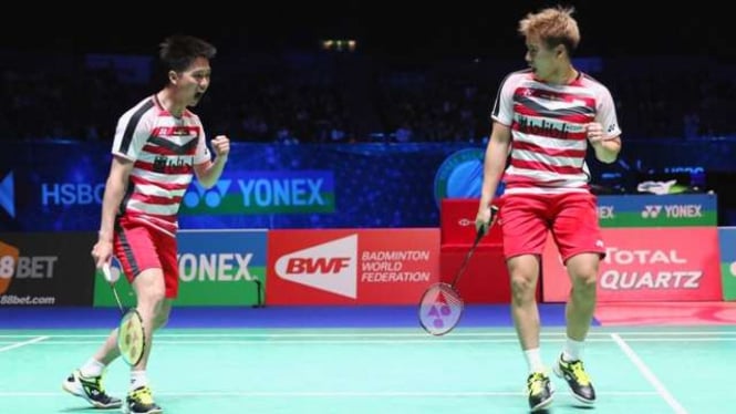 Aksi ganda putra Kevin Sanjaya/Marcus Gideon di All England Open 2018