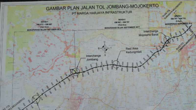 Peta jalan Tol Jombang-Mojokerto, Jawa Timur.
