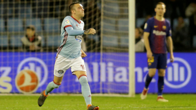 Striker Celta Vigo, Iago Aspas, usai cetak gol ke gawang Barca