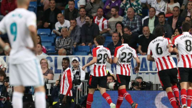 Pemain Athletic Bilbao, Inaki Williams rayakan gol ke gawang Real Madrid.