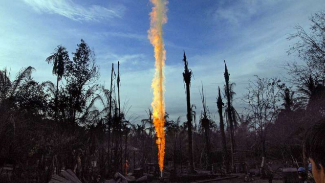 Semburan api dari sumur minyak ilegal di Aceh Timur 