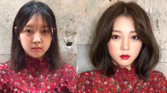Ilustrasi wanita Korea sebelum dan sesudah make-up