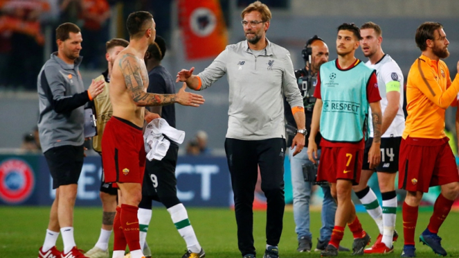 Manajer Liverpool, Juergen Klopp di laga melawan AS Roma