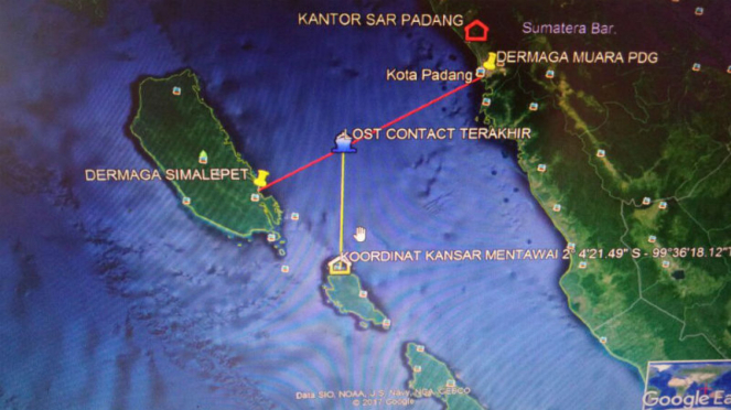Titik koordinat hilang kontak KM Harapan Bersama di Kepulauan Mentawai
