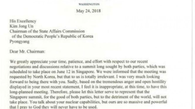 Surat Trump batalkan pertemuan dengan Kim Jong-un