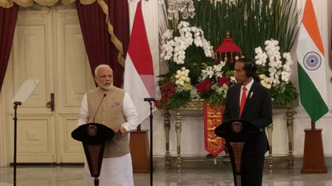 Presiden Joko Widodo dan Perdana Menteri India Nahendra Modi di Istana Merdeka.