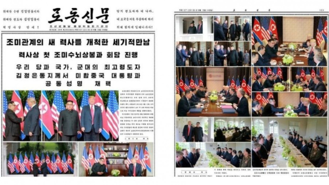 Koran milik pemerintah Korut, Rodong Sinmun, menyebut ajang bilateral tersebut sebagai pertemuan terakbar abad ini. - RODONG SINMUN