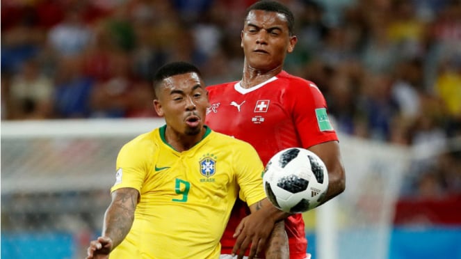 Aksi striker Timnas Brasil, Gabriel Jesus, di laga kontra Swiss