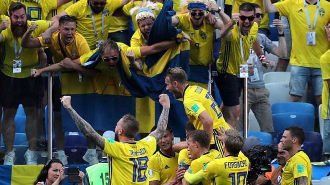 Timnas Swedia saat merayakan gol ke gawang Timnas Korea Selatan di Piala Dunia 2018.