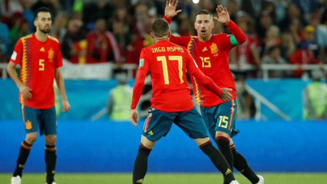 Pemain Spanyol rayakan gol Iago Aspas.