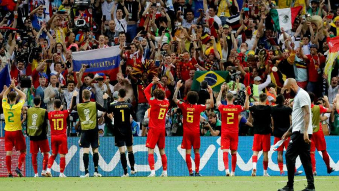 Selebrasi timnas Belgia usai menyingkirkan Brasil.