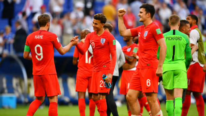 Para pemain Inggris merayakan kelolosan ke semifinal Piala Dunia 2018