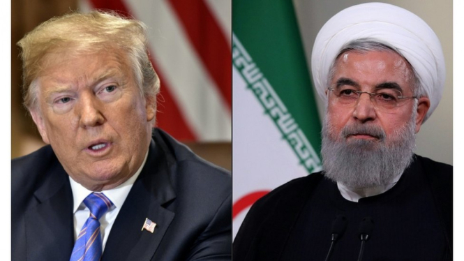 Presiden Trump dan Presiden Rouhani bersilat lidah antara lain terkait dengan program nuklir Iran. - AFP/Getty Images