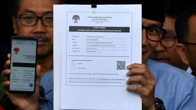 Cawapres Sandiaga Uno serahkan laporan harta kekayaan ke KPK 14 Agustus 2018