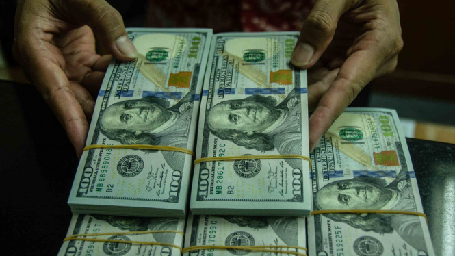Petugas menata pecahan dolar Amerika di Jakarta.