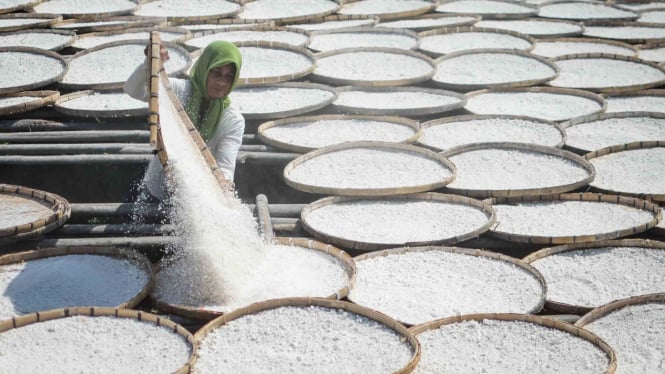 Pekerja menjemur tepung tapioka di Desa Citali, Kabupaten Sumedang, Jawa Barat