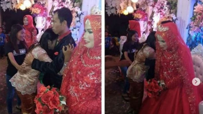 Wanita memeluk pengantin pria.