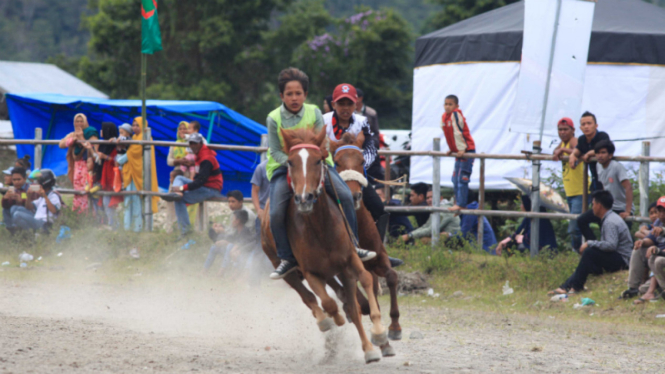 Perlombaan pacuan kuda tradisional Gayo di Takengon, Aceh Tengah.