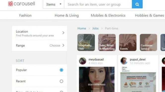 Ilustrasi tampilan ritel online Carousell