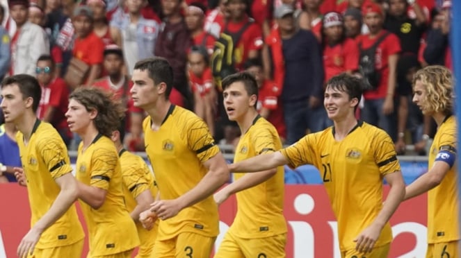 Pemain Timnas Australia selebrasi gol usai bobol gawang Timnas Indonesia U-16